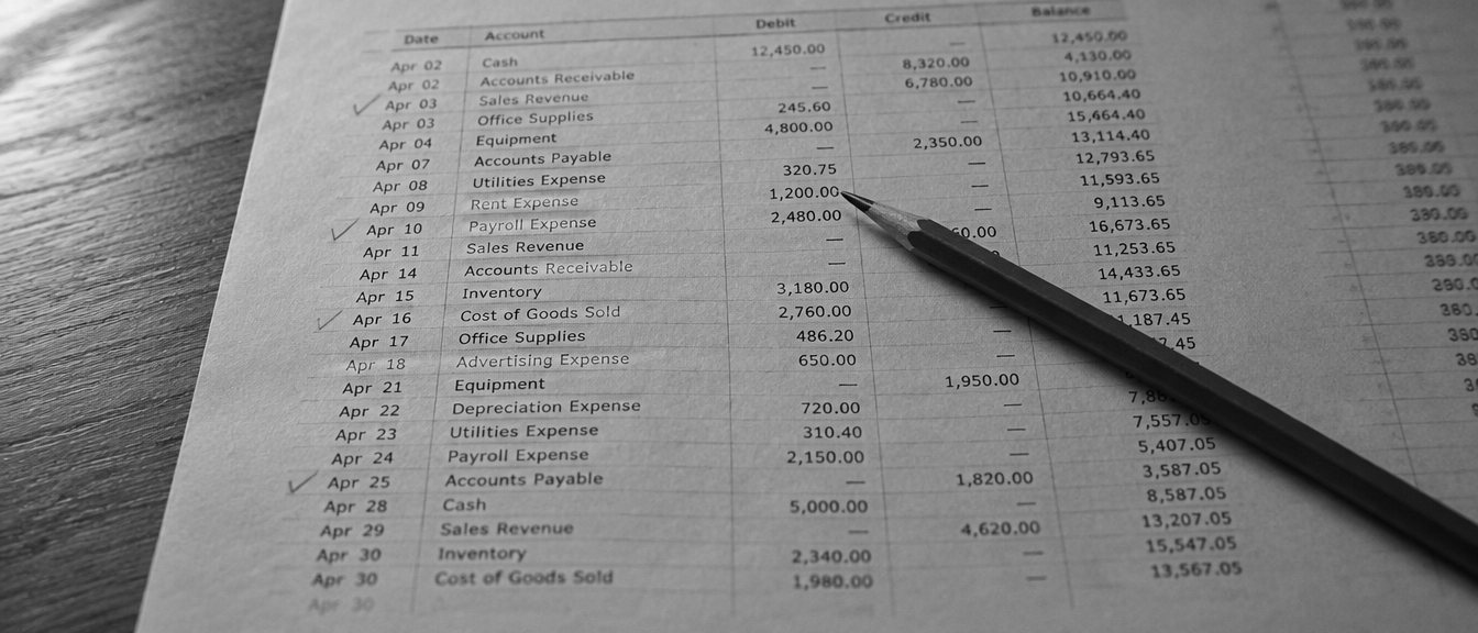 A printed general ledger with four pencil ticks on a page of thirty lines